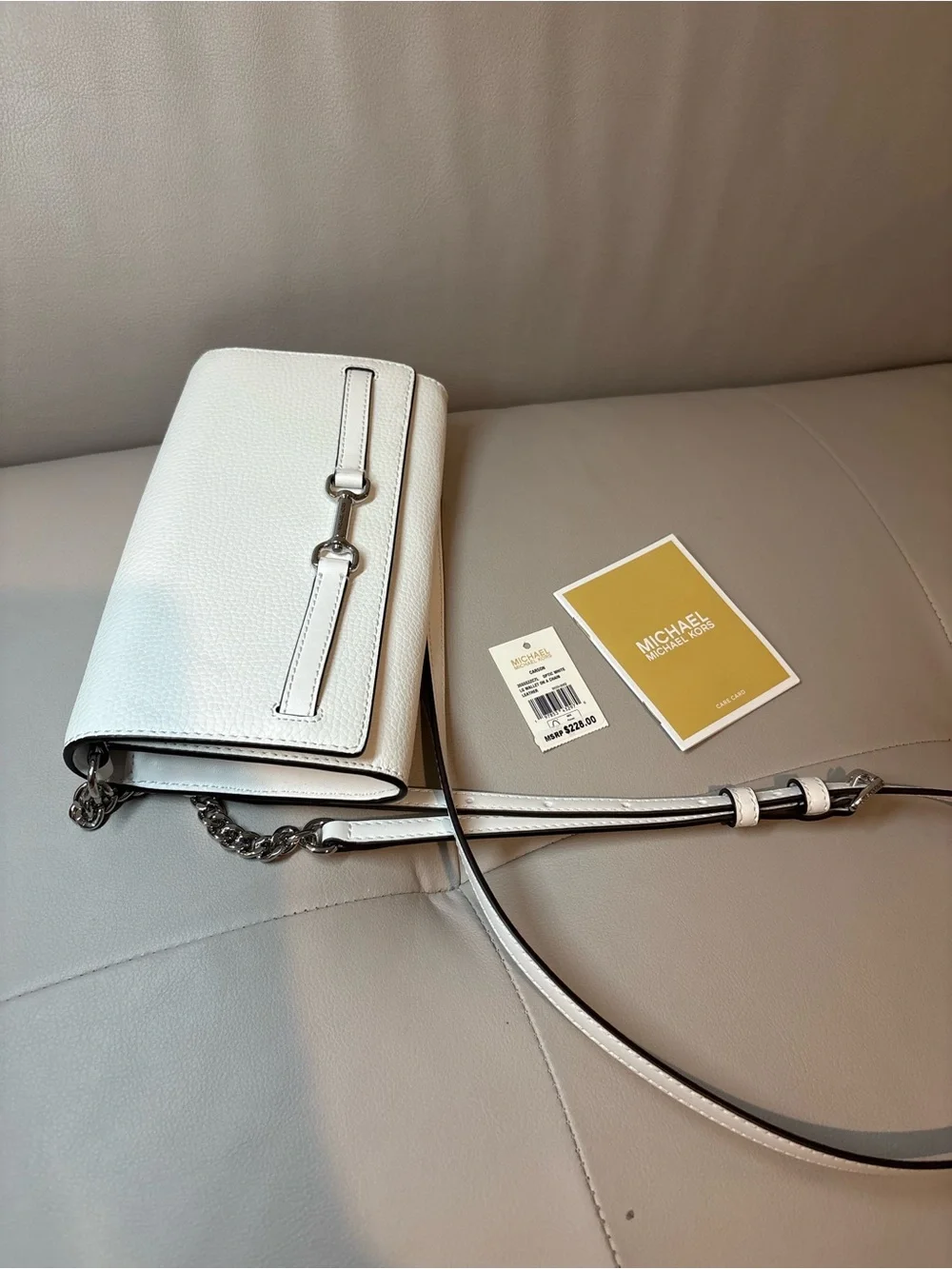MICHAEL Michael Kors Optic White Leather Crossbody Clutch with Silver Chain
